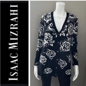 Isaac Mizrahi Black & White Rose Floral V-Neck Cardigan